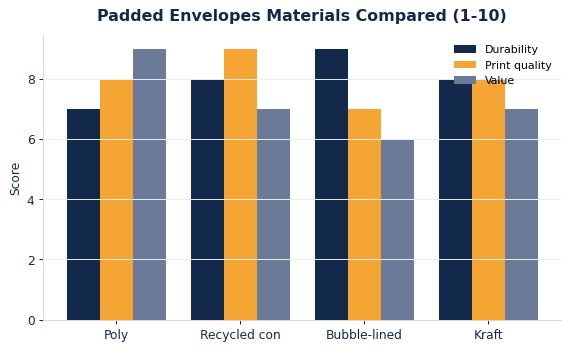 How common padded envelopes materials compare on durability, print quality, and value.