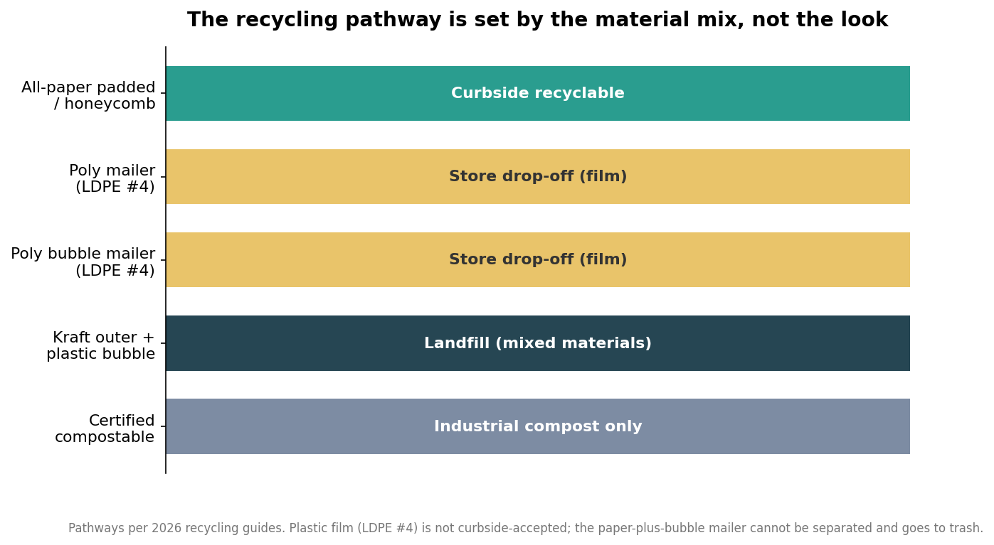 Chart of recycling pathways by mailer type: all-paper curbside, poly and poly bubble store drop-off, kraft-plus-bubble landfill, compostable industrial only